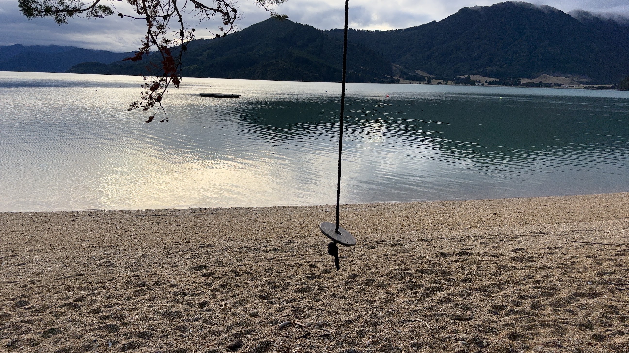 Rope swing over the sandy beach at Sandy Bay